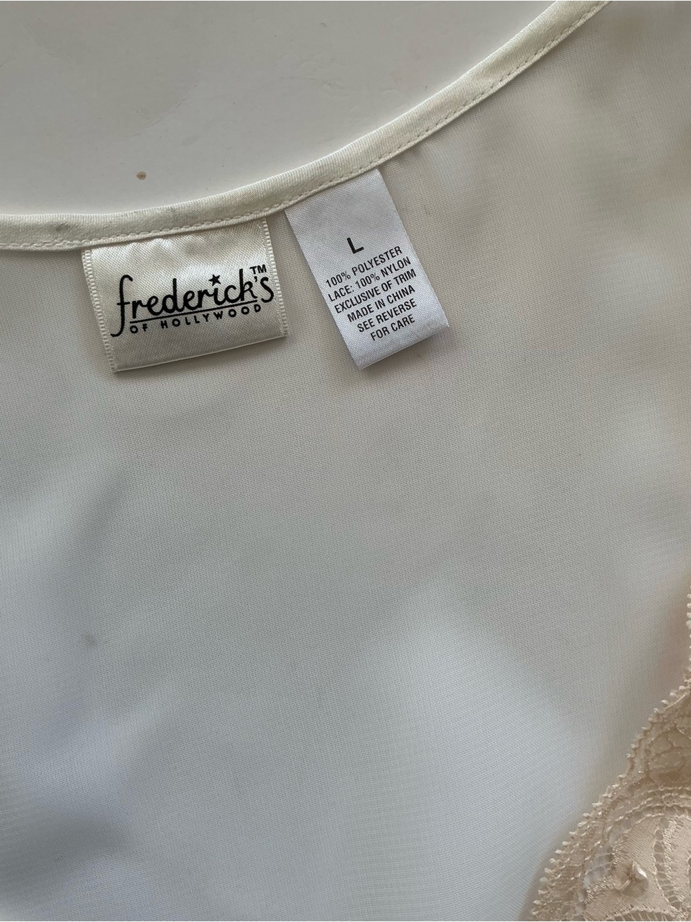 Frederick's of Hollywood Sheer Chemise with Lace Trim in Nude/White - Picture 8 of 8